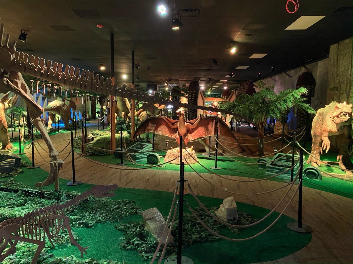 Themed commercial attraction interior with track lighting overhead